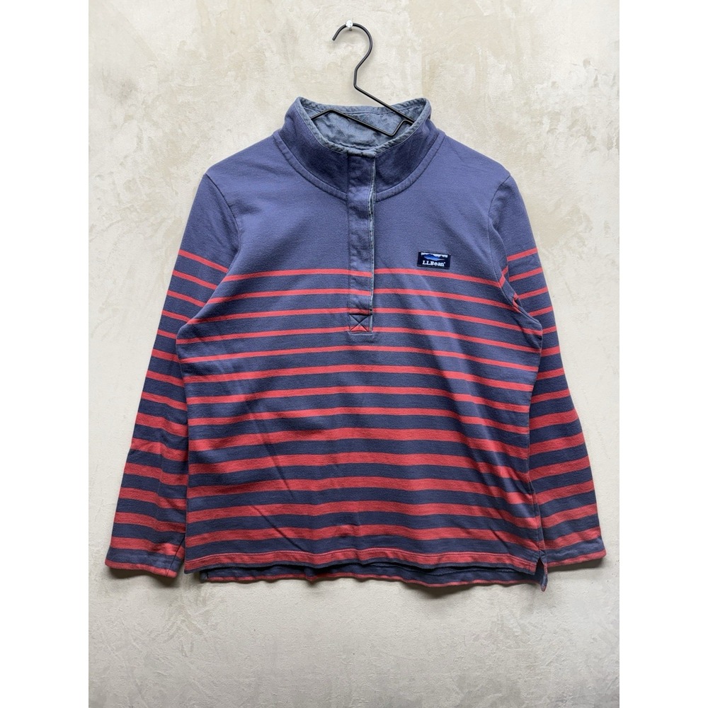 LL Bean Sweater Women Large Navy Red Rugby Stripe Sweatshirt Long Sleeve Button